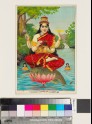 Goddess of the Narmada or Nerbudda river, holding a small stone linga and mounted on a crocodile