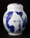 Blue-and-white jar and lid with figures in a landscape
