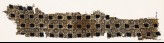 Textile fragment with linked squares, stylized flower-heads, and lines with dots