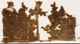Textile fragment with palm tree, floral design, and part of a pavilion