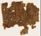 Textile fragment with palm tree, floral patterns, and a pavilion