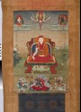 Enthroned red-crowned lama with the Buddha and deities