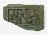 Lid or palette with the drunken Heracles supported by two female attendants