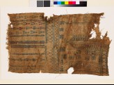 Sampler fragment with linked diamond-shapes, stylized floral shapes, and stylized figures (EA1993.341)