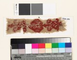 Textile fragment with diamond-shaped medallion and floral shapes, possibly from the neck of a tunic