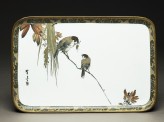 Tray with two sparrows on a branch