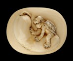 Manjū netsuke depicting a kappa sitting on a cucumber