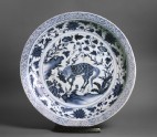 Blue-and-white dish with a kylin, or horned creature