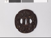 Mokkō-shaped tsuba with cherry blossoms, pine needles, and dewdrops