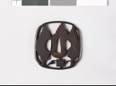 Aori-shaped tsuba with cryptomeria trees and silk reel