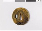 Tsuba depicting a weeping willow and a rat gnawing the cords of a fan