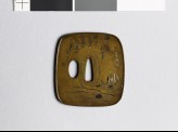 Aori-shaped tsuba depicting a man preparing to write a poem