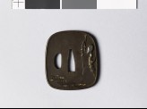 Aori-shaped tsuba depicting a pigeon perched on a willow tree