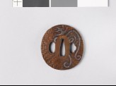 Tsuba with 'long life' character, butterfly, and leaves (EAX.11145)