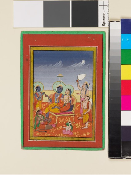 Rama and Sita seated on throne with attendant Hanuman and Garudafront