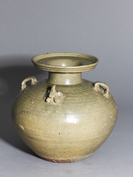 Greenware vase, or hu, with chicken head decorationoblique