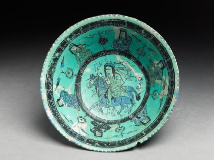Bowl with horseman, female figures, and pseudo-kufic inscriptiontop