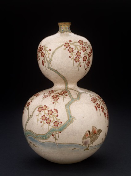 Kyo-Satsuma vase in double-gourd form with mandarin ducks under cherry blossomside