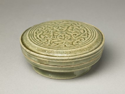 Greenware circular box and lid with floral designoblique