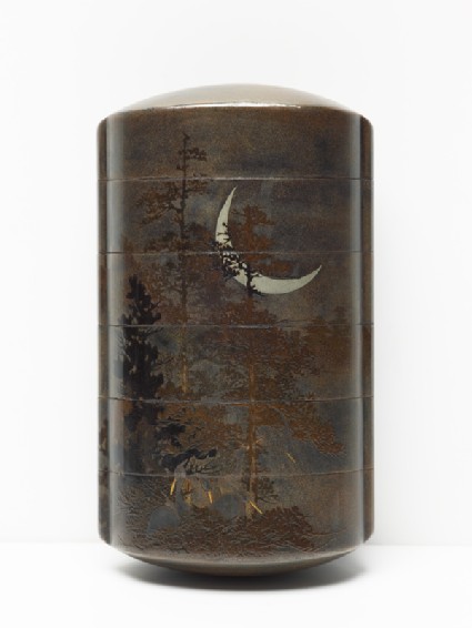Inrō with egrets and trees under a crescent moonfront