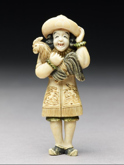 Netsuke in the form of a Dutchman holding a cockerelfront