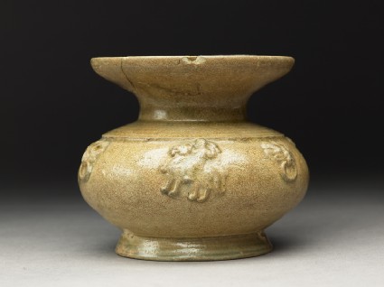 Greenware guan, or jar, with dish-shaped mouth and riding horsesside