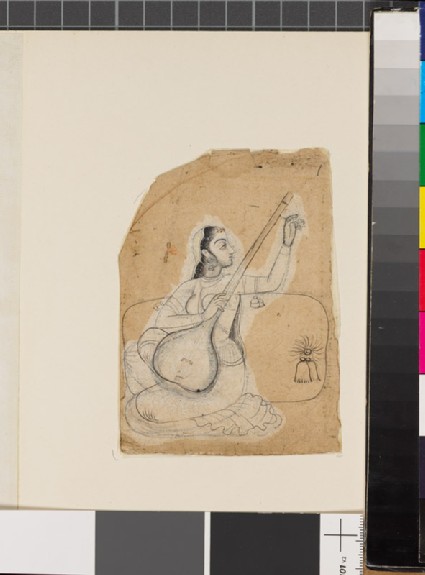 Seated woman with a stringed instrumentfront