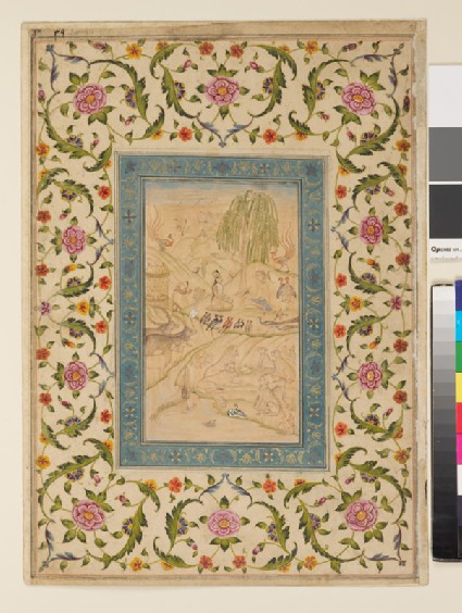 Page from a dispersed muraqqa‘, or album, depicting Layla visiting Majnun in the wilderness, with Persian verses in nasta’liq script on the reversefront