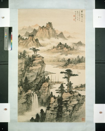 Landscape with a waterfall and mountainsfront, painting only
