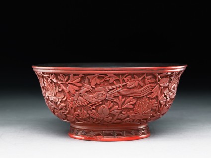 Lacquer bowl with a phoenix amid peoniesoblique