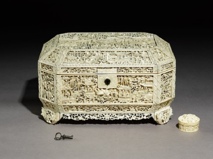 Ivory sewing box with floral decoration and figuresoblique