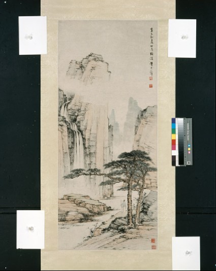 Landscape with a waterfall and a manfront, painting only