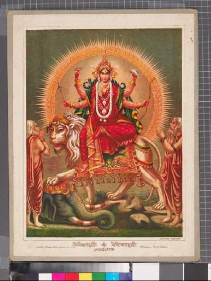 Jagaddhatri mounted on a lion, treading an elephant underfootfront