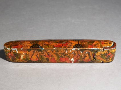 Qalamdan, or pen box, with scenes from the story of Shaykh San'an and the Christian Maidenoblique