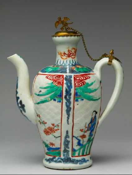Ewer with a woman and prunus plantsside