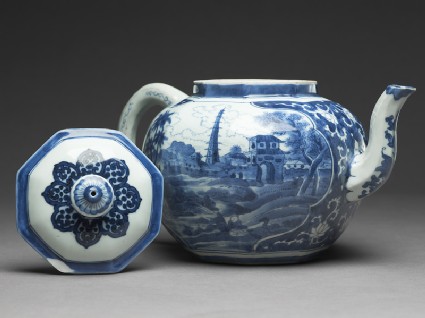Teapot with scenes derived from Olfert Dapper engravingsside, open