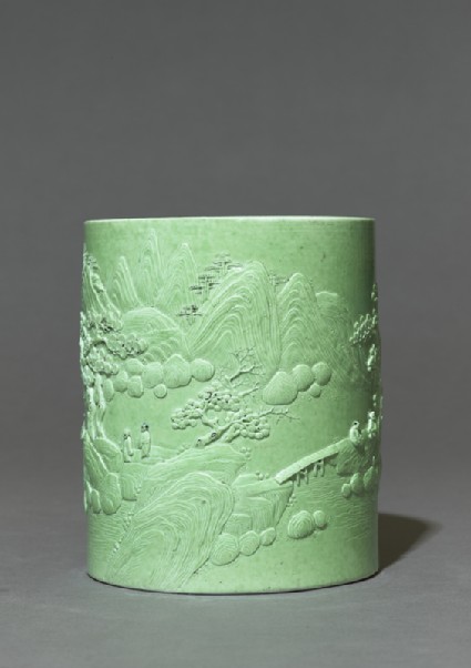 Brush pot with figures in a landscapeside