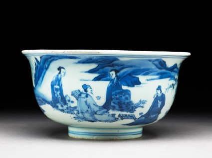 Blue-and-white bowl with figures playing chequersside