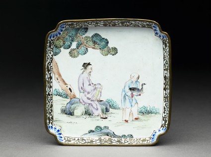 Copper tray with figures under a treetop