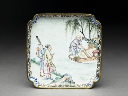 Copper tray with figures by a rivertop