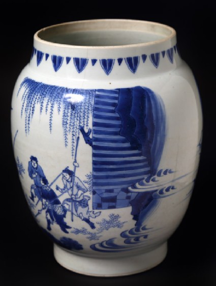 Blue-and-white jar with warrior on horsebackfront