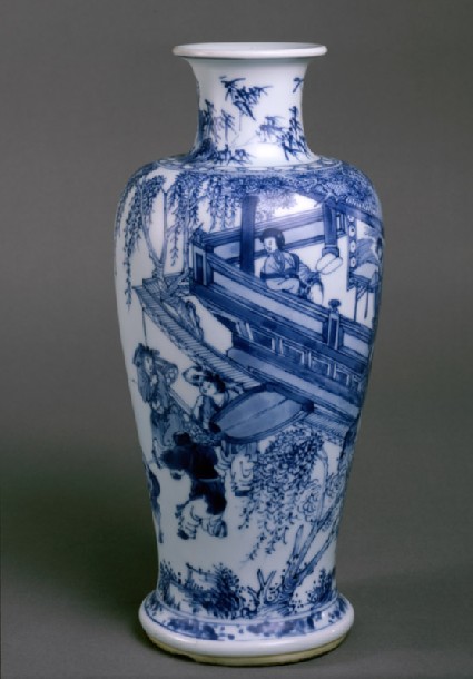 Blue-and-white vase with figures on a balconyside