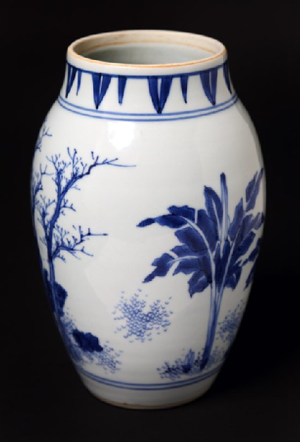 Blue-and-white jar with mythical figures in a landscapefront