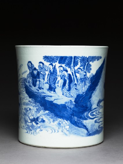 Blue-and-white brush pot with demons in a riverside