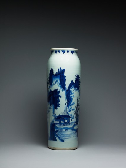 Blue-and-white vase with figures in a mountainous landscapeside