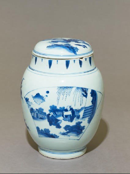 Blue-and-white jar and lid with scholars on a terraceoblique