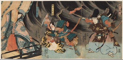 Minamoto no Yorimasa and Ii no Hayata slay the nue, while Ayame no Mae looks onfront