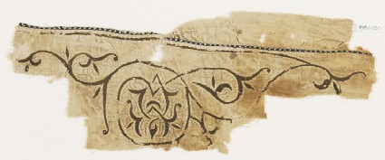 Textile fragment with scroll tendril and trefoil leaves, probably from a tentfront