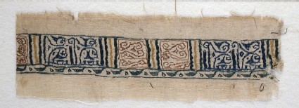 Textile fragment with band of pseudo-inscription, leaf-shaped finials, and tendrilsfront