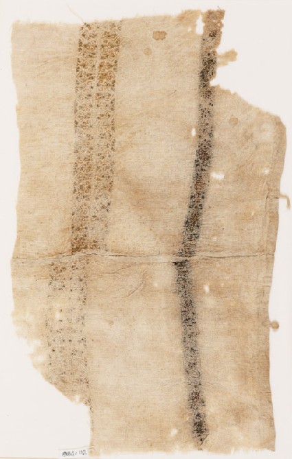 Textile fragment with bands of leaves and spiral treesfront
